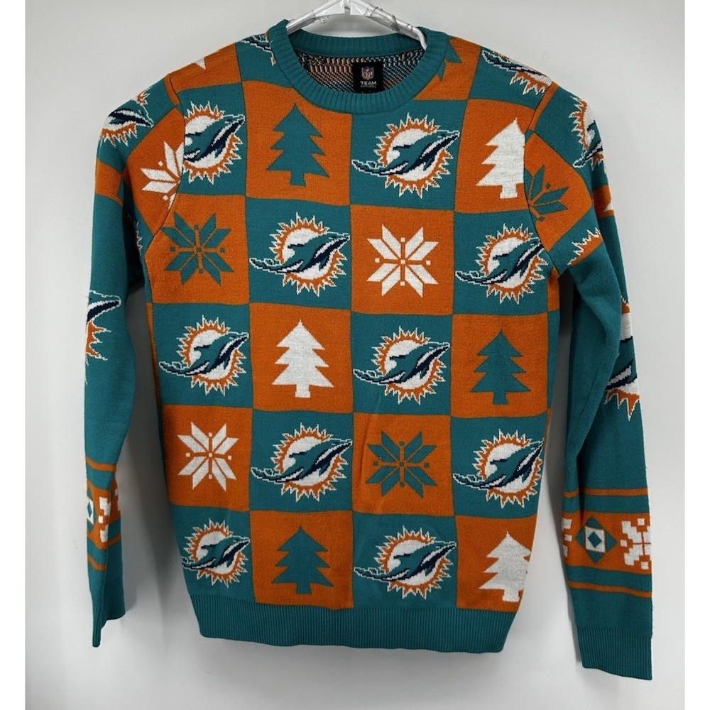 Miami Dolphins NFL Team Festive Holiday Sweater Orange And Teal Checkered Large